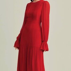 Red Modest Drop waist ruffle sleeve dress